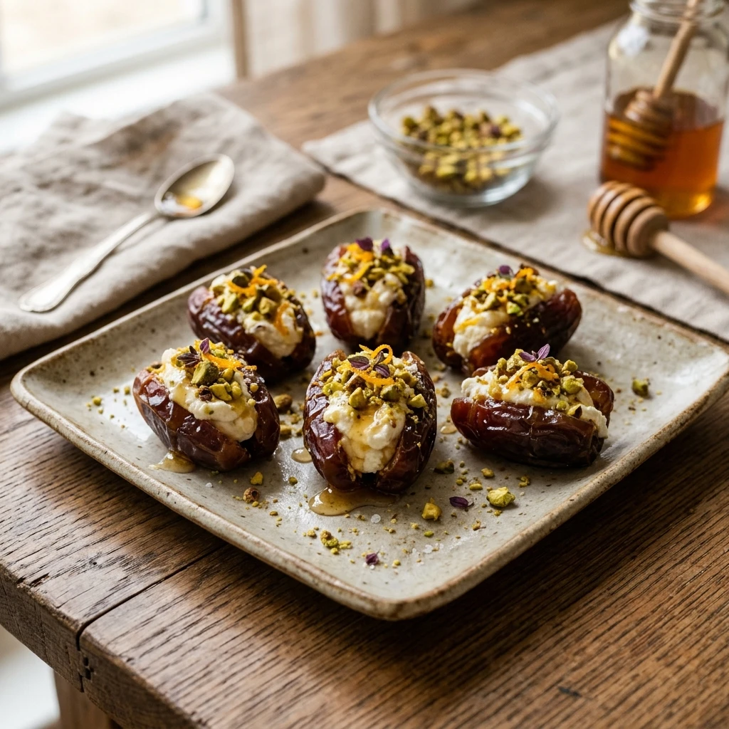 Honey Pistachio Ricotta Stuffed Dates